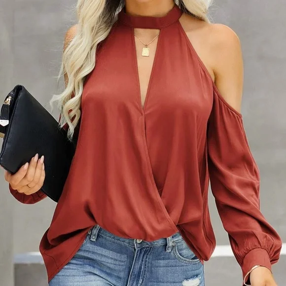 Boho Navy Blue Cut out Cold Shoulder Blouse - Picture 7 of 9